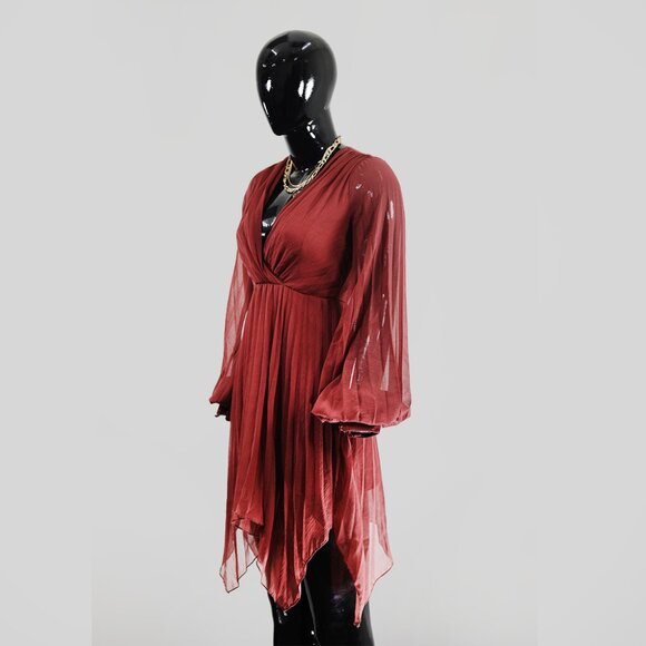 Burgundy Sheer Midi Dress with Flowy Sleeves & Wrap Front - Picture 2 of 6